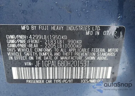 2013 Subaru Impreza 2.0I Sport Premium z USA, uszkodzony, nr VIN JF1GPAL68DH201531